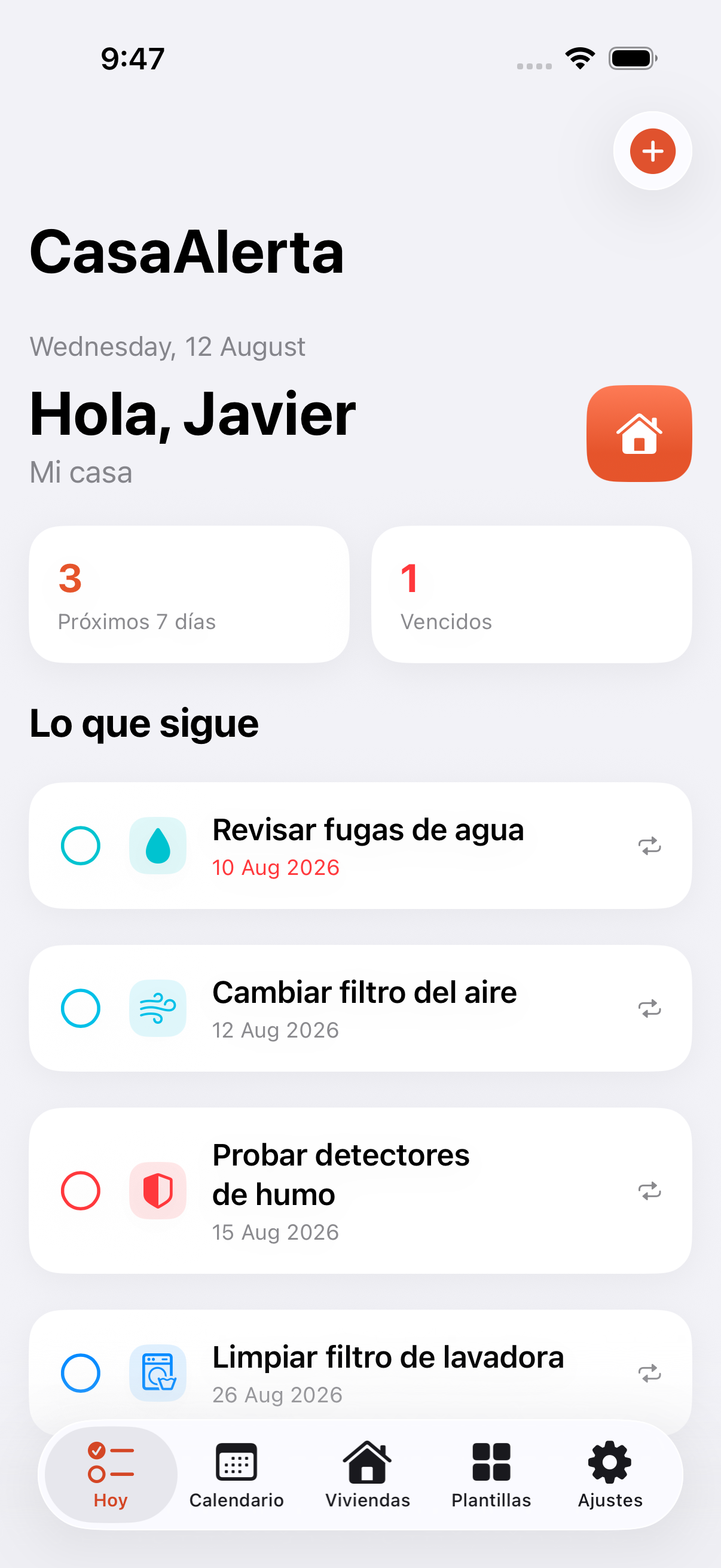 Pantalla principal de CasaAlerta